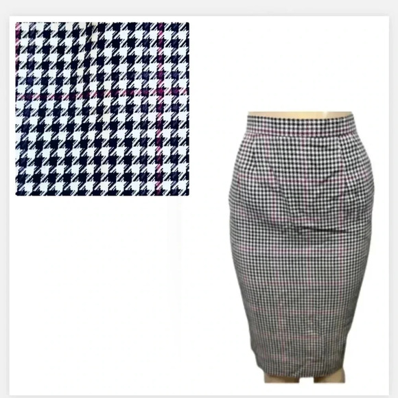 PENCIL SKIRT VINTAGE BLACK WHITE HOUNDSTOOTH MIDI KNEE - Picture 1 of 12